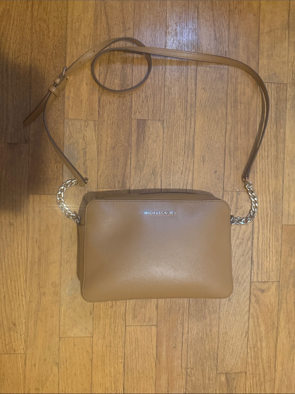 Michael Kors Cognac Pebbled Leather Chain Strap Crossbody